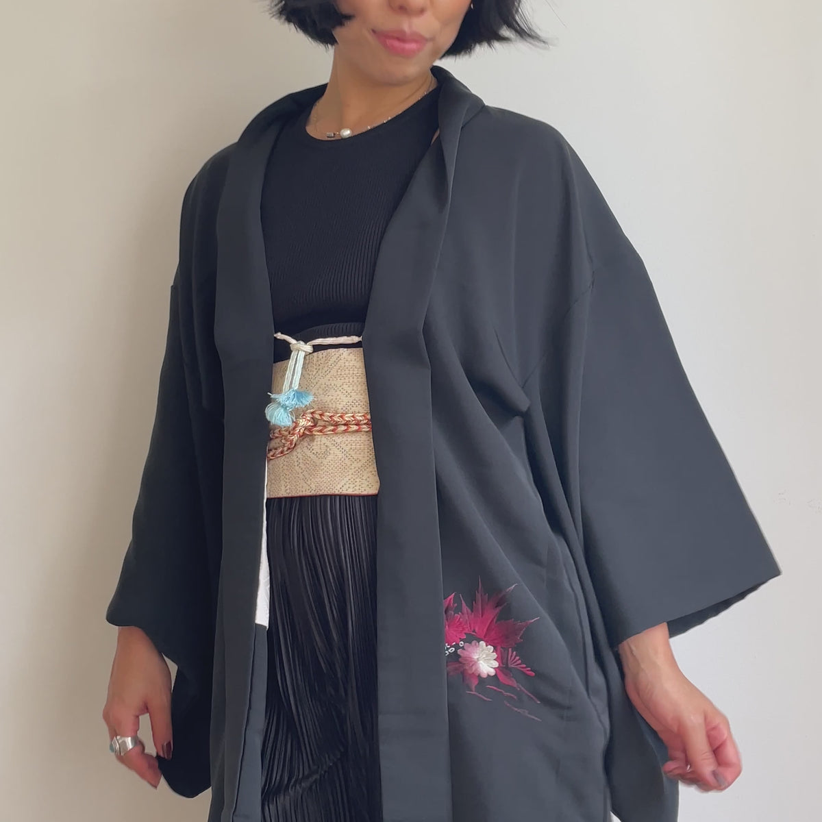 Haori Black with Dark Red Flowers Embroidered in Silk