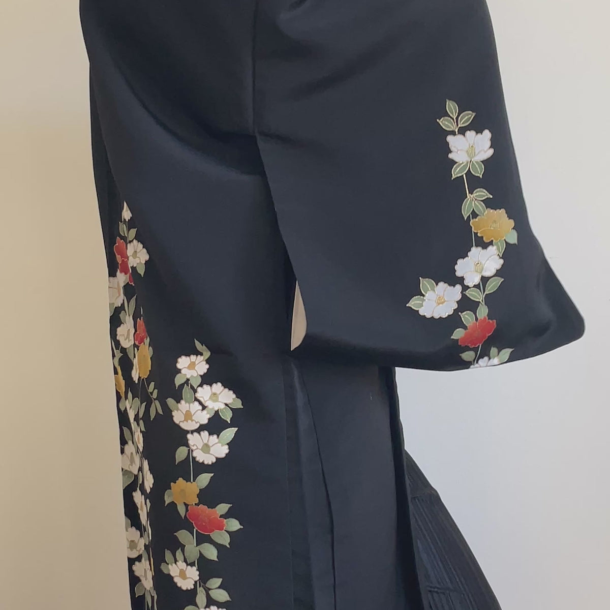 Haori Black with Painted Peonies in Silk