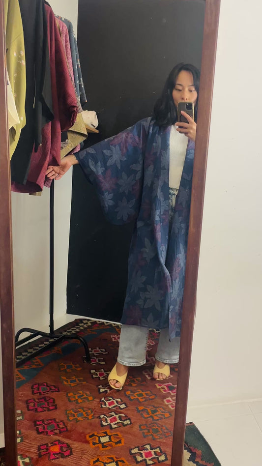 Kimono Single Layer Woven Blue with Momiji