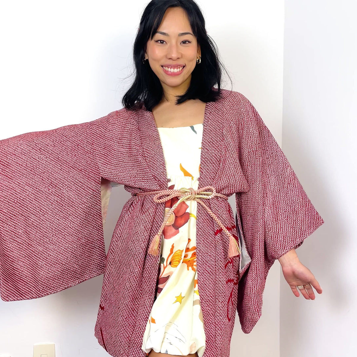 Haori Jacket Shibori Technique Dark Red in Silk