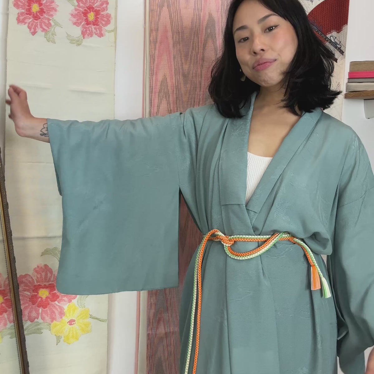 Kimono Summer Sheer with Leaves Blue in Silk