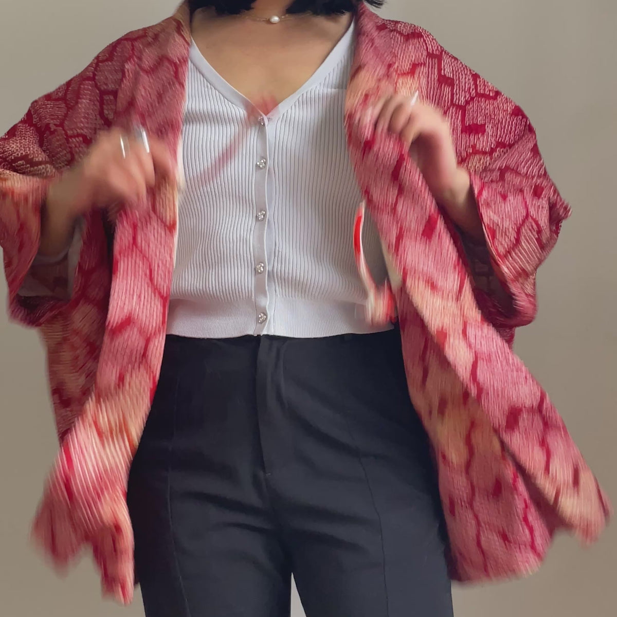 Haori Red Crayon Shibori Technique Geometric in Silk