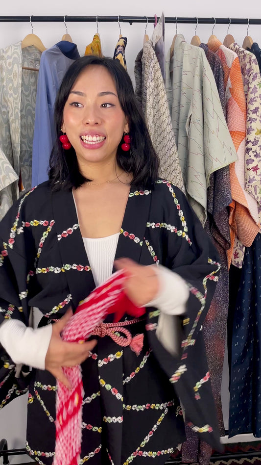 Haori Jacket Black with Colorful Shibori Technique Patterns in Silk