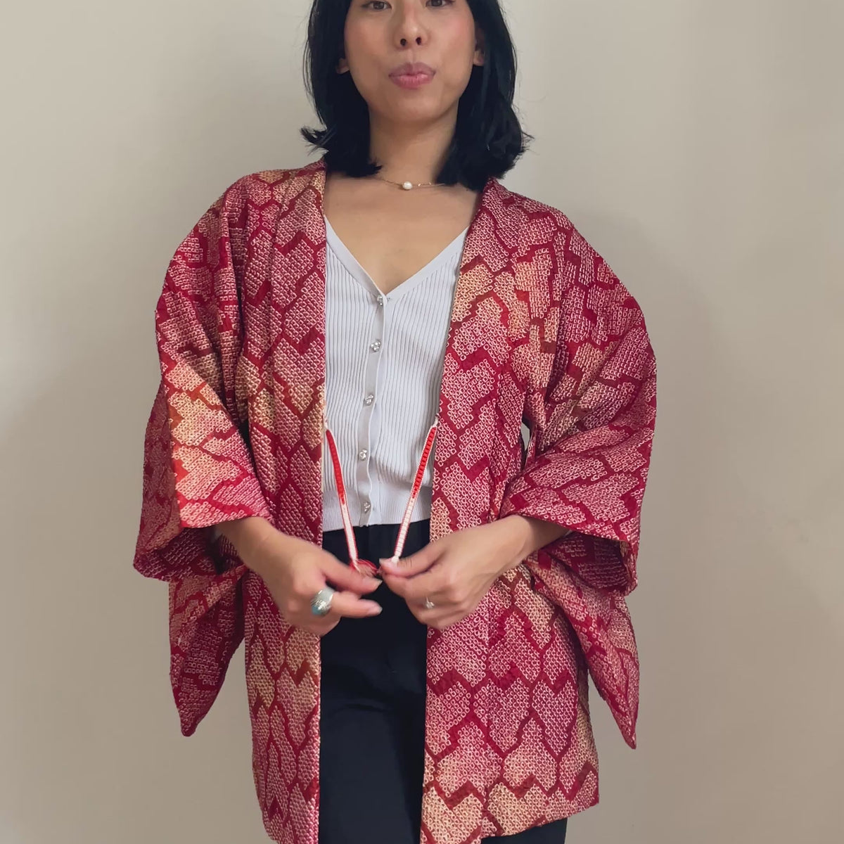 Haori Red Crayon Shibori Technique Geometric in Silk