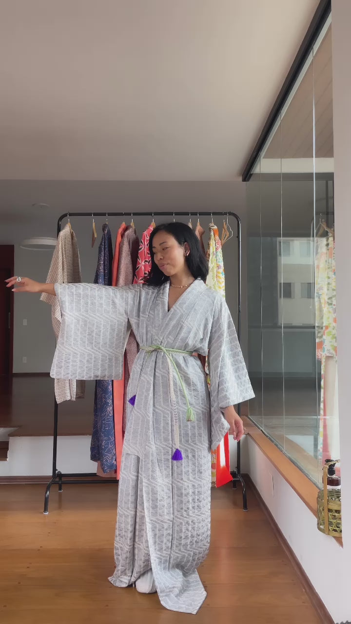 Kimono Light Blue Shibori Stripes in Silk