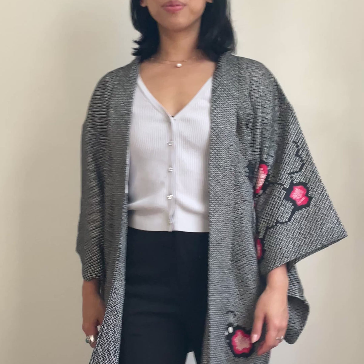 Haori Black Shibori Pink Flowers