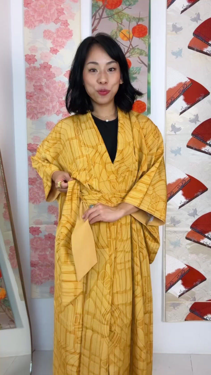 Kimono Mustard Yellow Lines and Forms in Silk with Belt